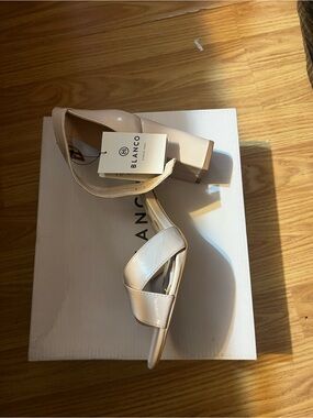Patent Beige Block Heel Sandals with Ankle Strap